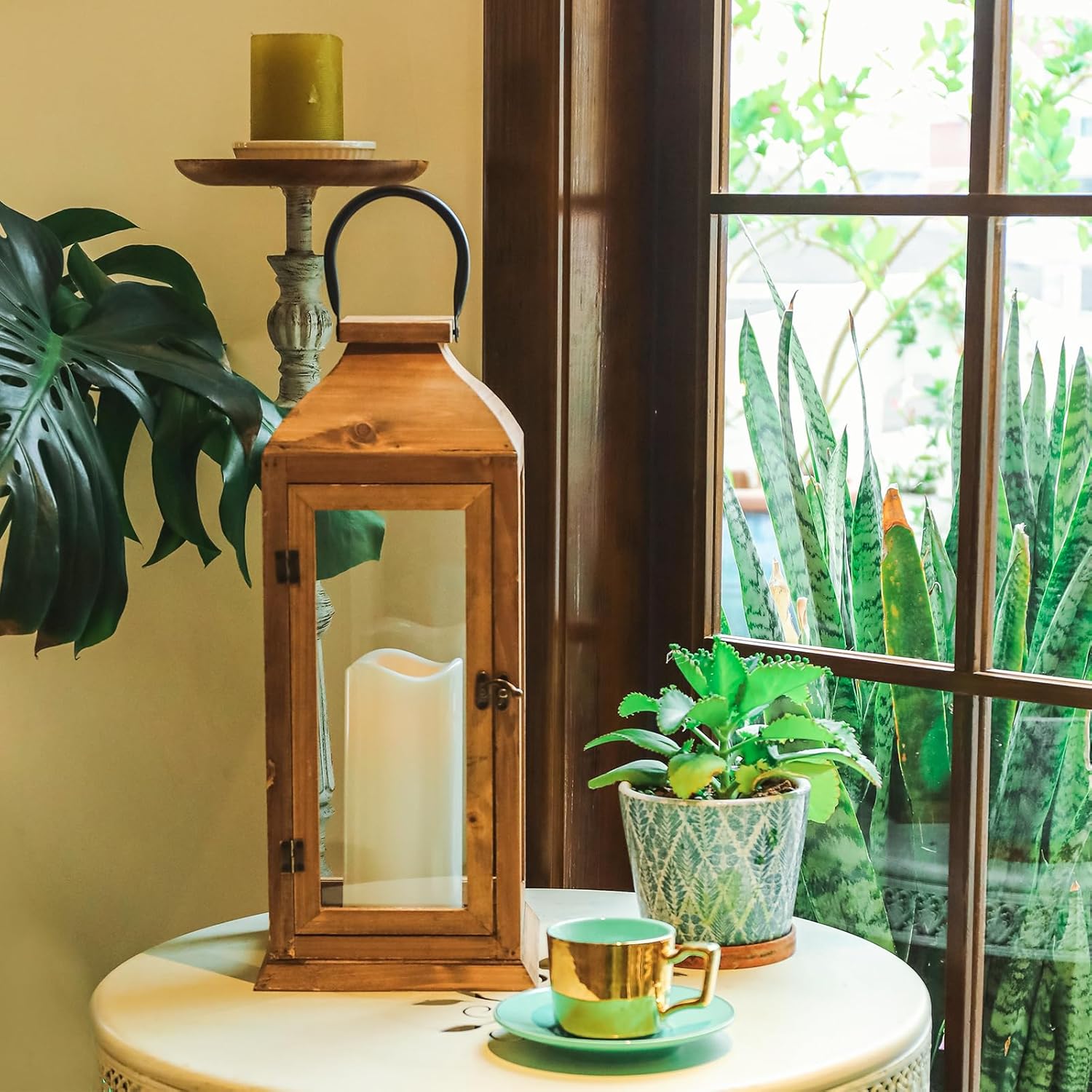 Bdor Large 22.5 Inch Decorative Lanterns with Flameless Pillar Candles, IP65 Waterproof Wooden Lantern for Home Decor, Indoor Outdoor, Front Porch, Garden, Farmhouse, Wedding Use